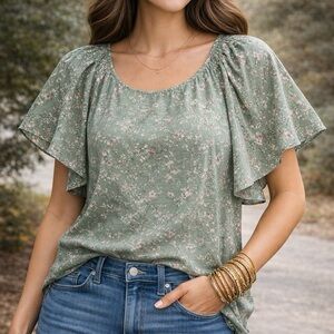 Lucky Brand Green Floral Peasant Top Large Boho Flutter Sleeve Keyhole Back